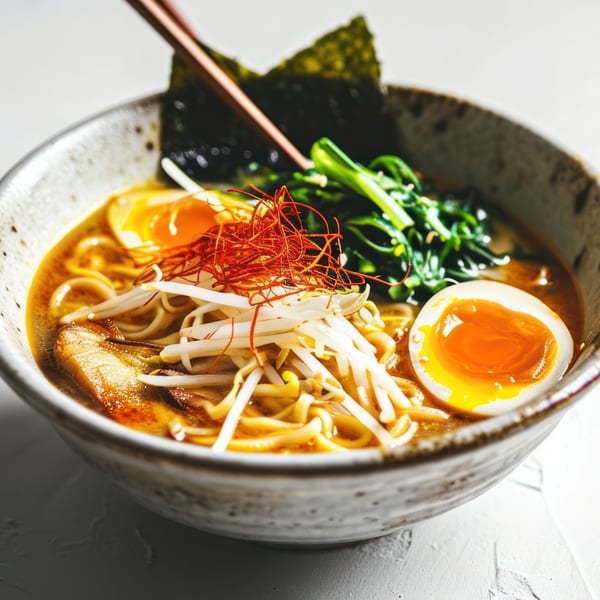 A bowl of Kami Sushi & Asian Kitchen's ramen with noodles, egg, bean sprouts, and greens.