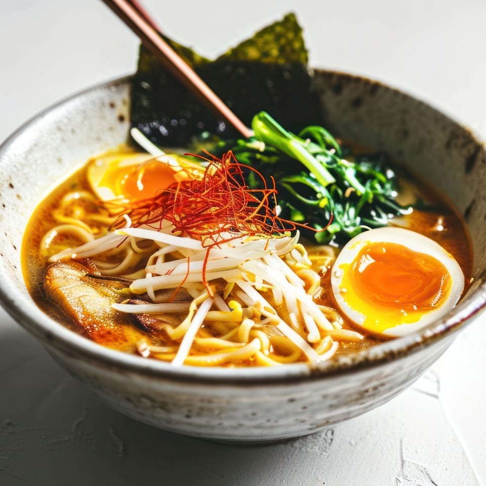A bowl of Kami Sushi & Asian Kitchen's ramen with noodles, egg, bean sprouts, and greens.