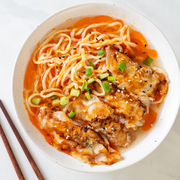 A bowl of Kami Sushi & Asian Kitchen's spicy dumpling noodle soup with chopsticks.