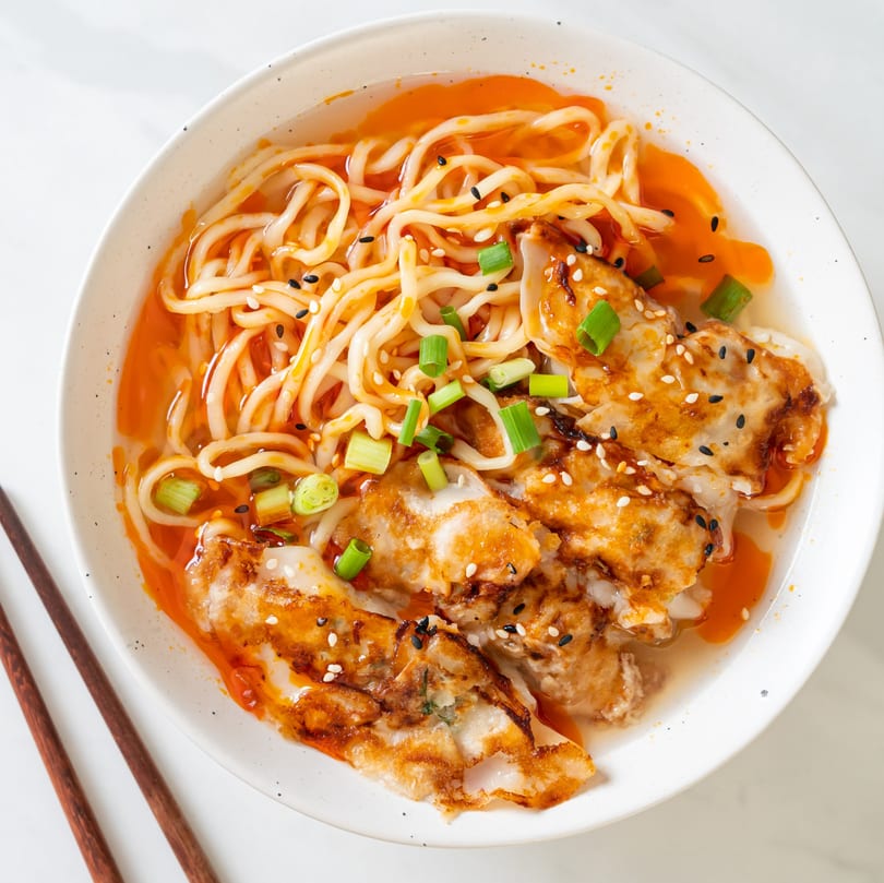 A bowl of Kami Sushi & Asian Kitchen's spicy dumpling noodle soup with chopsticks.